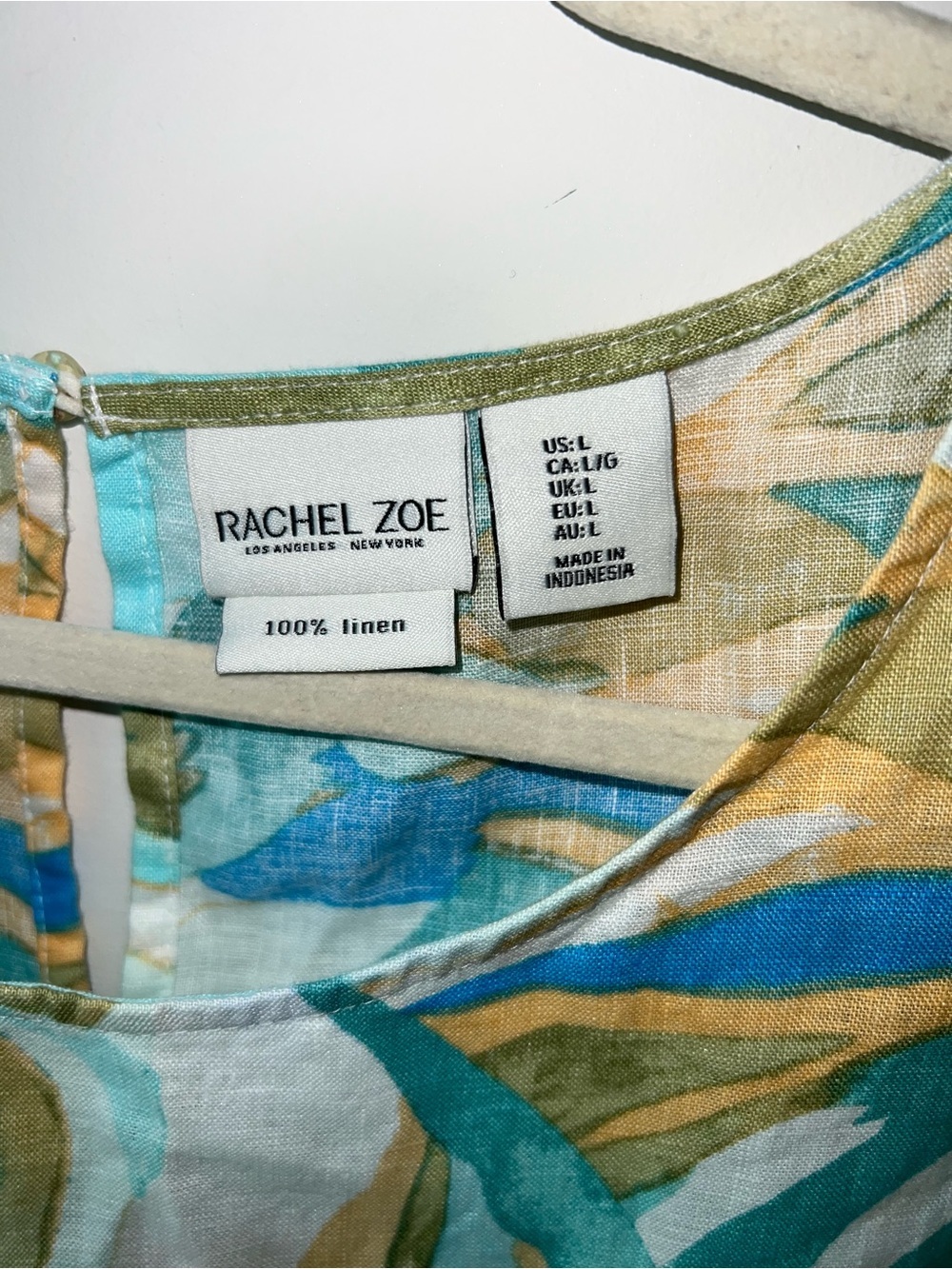 Rachel Zoe 100% Linen Aqua Leaf-Print Sleeveless Mini Dress - Picture 3 of 7